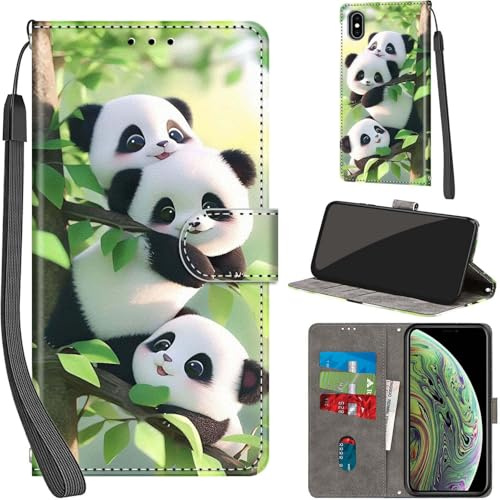 PHINIENLAND Wallet Flip Case for iPhone X/iPhone XS Leather Pandas | 3 Card Slots & 1 Cash Pocket, Magnetic Closure, Kickstand, Premium PU Leather flip cover for iPhone X / XS