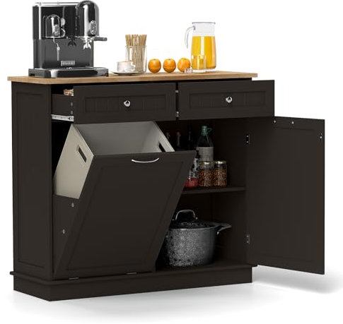 TANGZON Tilt Out Trash Can Cabinet, 2-Door Sideboard with Trash Bin Hamper, Rubber Wood Countertop & Drawers, Freestanding Pet Proof Laundry Cabinet Storage Cupboard, Bin Not Included (Dark Brown)