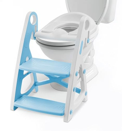Holdfiturn Potty Training Seat Toilet Seat Kids Adjustable Potty Ladder Seat for Toilet Training with Steps Handle Soft Cushion Design 2 in 1 Potty Training Toilet Seat (Blue)