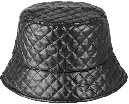 JJDreams Fischerhut aus Leder mit Rautengitter, Warme Wintermütze, Unisex-Eimerhut,PU Leder Winter Fischerhüte für Herren,Schwarz