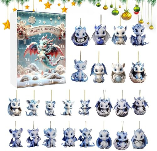 Yorajuy Calendario 'Avvento Blue Dragon 2024, Calendario 'avvento per bambini 2024, calendario 'Avvento unico, albero di Natale in acrilico, decorazioni a forma di drago dei cartoni