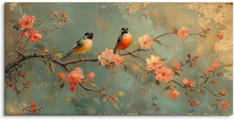 Paul Sinus Wandbild 120x60cm – Beruhigendes Blütenbild mit zwei eleganten Vögeln und zarten rosa Blüten - Eine sanfte Eleganz