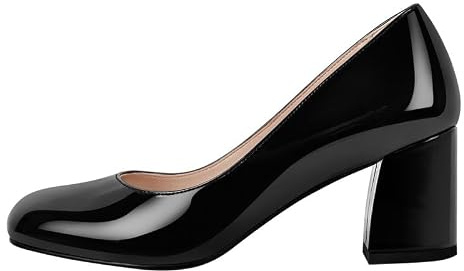 Meinabsatz Damen Pumps Blockabsatz Klassische Damenschuhe | Runde Schlupfschuhe mit Geschlossener Zehenpartie, Chunky Heels Slip on, Lackoptik, für Büro Business, Hochzeit, Alltag