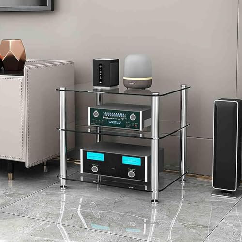 MegLob Support De Console De Verre Trempé, Support De Support AV En Service Lourd, Grand Rack De Tour Audio Professionnel, Étagère De Console De Jeu Vidéo,Transparent 3 tiers