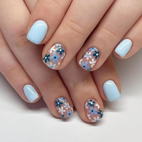 GlamRays 24 Piece Blue Flower Nail Stickers Square Short False Nails Light Blue False Nails Glossy Full Cover Nail Stickers Acrylic