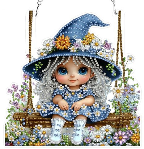 MXJSUA Hexenschaukel Diamond Painting Anhänger, Diamond Painting mit Kette Erwachsene, Diamant Painting Fensterbilder, Hängende Ornament Bastelset Set für Wand Und Eingang Decor