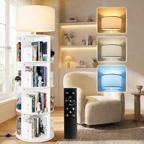 GOOGO 5 Böden Drehbares Bücherregal mit Licht, 360° Bücherregal Drehbar mit Fernbedienung und Fußschalter, 3 Farbtemperaturanpassung, Bücherturm für Kinderzimmer, Schlafzimmer, Wohnzimmer (Weiß)