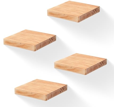 PHOENANCEE 15,3X15,3CM Quadratische Schwebende Holzregale, Mini-Wandregal Im Kompakten Stil FüR Kleine GegenstäNde, HäNgende Wandregaldekoration, 4Er-Set (Karbonisiertes Schwarz)