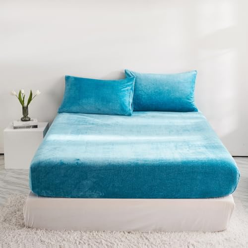 YASMENG Winter Plüsch Spannbettlaken 180x200cm Warm Milchfleece Türkis | Fleece Bettlaken 180x200cm Winter Superweich Kuschelig Flauschige Spannbettlaken Boxspringbett Geeignet für 30cm Matratze