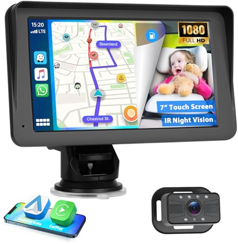 Pantalla portátil inalámbrica Carplay para coche, pantalla táctil IPS de 7 pulgadas con Carplay/Android Auto, Bluetooth, enlace espejo, cámara de visión trasera, fácil instalación, navegación GPS