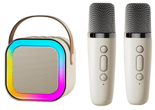 Mini Karaoke Machines with 2 Wireless Microphones, Mini Karaoke Machine, Portable Bluetooth Speaker with Voice Changing Effects and LED Lights for Kids & Adults