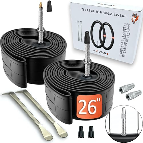 Cámara de Bicicleta 26 Pulgadas SV Presta 48 mm | 26x1.90 26x2.0 26x2.10 26x2.30 | válvula Francesa Sclaverand | MTB Trekking Sport | Pack de 2 Incl. Desmontables