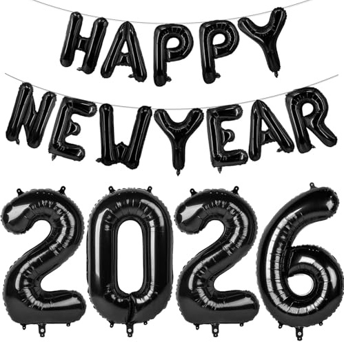 Luftballons Silvester Deko 2026 Party Set,Happy New Year Deko Ballons Schwarz, Silvesterdeko Neujahr Deko 2026 Folienballon, Neujahr Helium Ballon für Silvester Dekoration, Silveste Party Deko Zubehör