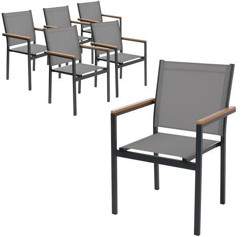 ML-Design Gartenstühle 6er Set mit Armlehnen-Holzoptik, Dunkelgrau, Gartenstuhl aus Textilene, Terrassenstühle mit Aluminiumgestell, Balkonstuhl wetterfest/stapelbar, Sessel für Garten Balkon Terrasse
