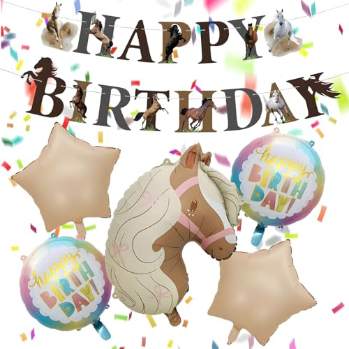 6 Stück Pferde Luftballon Geburtstag Mädchen,XXL Pferde Helium Ballon | Folienballon Pferd Geburtstagsdeko,Rund Stern Ballons Happy Birthday Banner,Luftballons Tiere Partydeko Kindergeburtstag