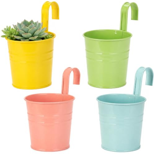 Cozary 4 Stück Blumentöpfe zum Aufhängen Hängend, Bunt Blumentopf Metall mit Abnehmbarem Haken und Loch, Ø 10 cm, Blumenhalter Wandbehang Dekortopf, für Balkon, Zäune, Fenster, Geländer