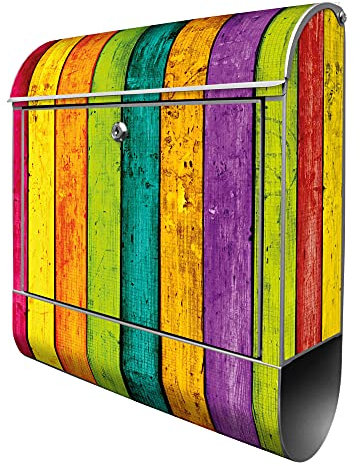 banjado® Design Briefkasten mit Bunte Holzlatten 38,5x46,5x13cm & 2 Schlüssel - Briefkasten Stahl Silber mit Zeitungsfach pulverbeschichtet - Postkasten A4 Einwurf inkl. Montagematerial