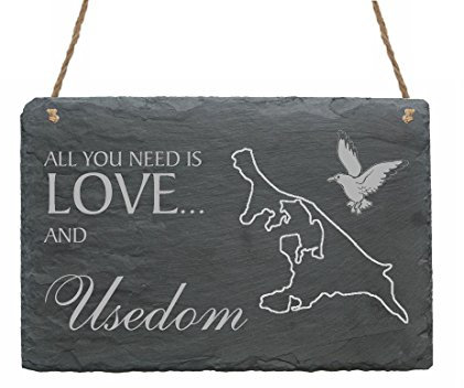 Schiefertafel « INSEL USEDOM » Schild mit Insel Motiv + Möwe - Größe ca. 22 x 16 cm - Türschild Dekoschild Dekoration - Ferien Urlaub Ostsee