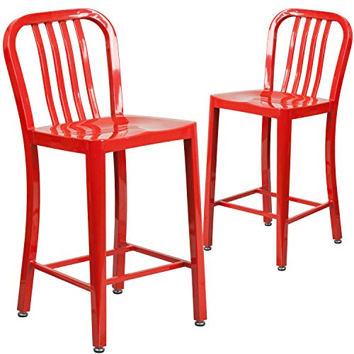 Flash Furniture Kommerzieller Hocker mit vertikaler Schiefer-Rückseite, für Innen und Außenbereich, aus Metall, 61 cm hoch, 2 Stück, rot