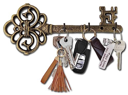 Dekorativer Schlüsselanhänger aus Gusseisen zur Wandmontage -Vintage Schlüssel mit 3 Haken - Wandmontage - Rustikaler Aufhänger aus Gusseisen - Gold mit Schwarz - 10,8 x 4,7- mit Schrauben und Dübeln
