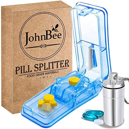 JohnBee Pillenschneider | Bester Pillenschneider für kleine oder große Pillen | Entworfen in den USA | schneidet Vitamine | inklusive Schlüsselanhänger Pillenhalter (blau)