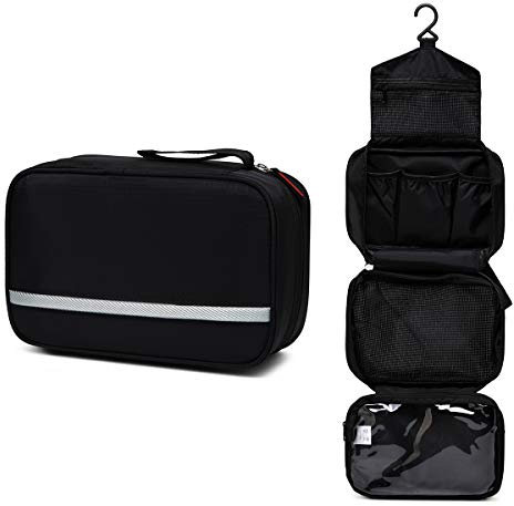 Trousse de Toilette Homme Femme, Vaschy Pliable Grand Imperméable Trousse de Voyage Fonctionnelle Trousse de Maquillage Portable Rasage Dopp Kit avec Compartiments Séparés, Crochet et poignée Noir