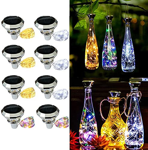 lifemet Solar Bottle Lights Outdoor Waterproof Colorful - 8 Pack Wine Bottle Night Light Christmas Decorations Gift Led Diamond Shaped Wine Cork String Fairy Lamp for Garden Indoor Outside Party
