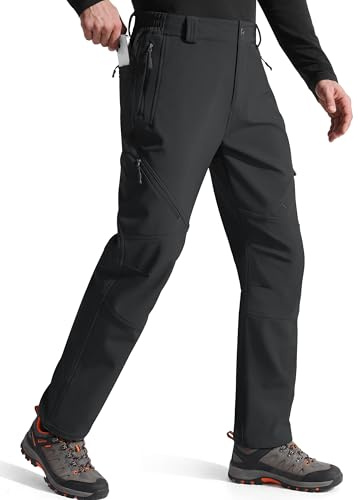 FREE SOLDIER Men's Fleece Lined Outdoor Cargo Hiking Pants Water Repellent Softshell Snow Ski Pants with Zipper Pockets (Black 34W x 30L)