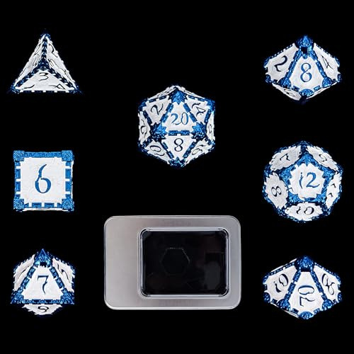 Cusdie Metallwürfel mit Metallbox, 7 Stück DND-Metallwürfel, Dolch-Design, polyedrisches Würfel-Set, für Rollenspiele, D&D-Würfel (Blau-Weiß)