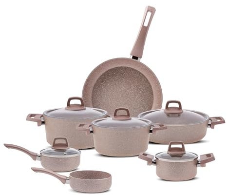 Karaca 12-Piece Rosegold Granite Pots and Pans Set - Biogranite Non-Stick Cookware Set, 4 Pots with 4 Glass Lids & 1 Granite Frying Pan & 1 Saucepan with Lid, PFOA, Dishwasher-Safe, Pink