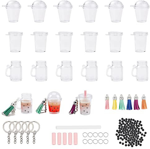 OLYCRAFT 302 Stück Mini Milky Tea Schlüsselanhänger Zubehör Bubble Tea Creme Kleber Casting Kit Mini Cup Anhänger Mit Schlüsselanhänger Ringe Quasten Bubbles Strohhalme Für Key Chian DIY