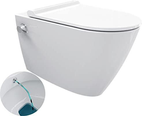 Bien ALESTA Taharet Randlos Dusch Hänge Wand WC Bidet Toilette integrierter Kalt&Warm Ventil Mischer Armatur Soft-Close Deckel Spülrandlos, Absenkautomatik, Shattaf