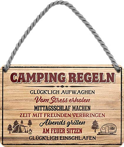 Blechschild ''Camping Regeln. Glücklich aufwachen..'' 18x12cm Geschenk Lustige Sprüche Feier Vintage Retro Geburtstag Deko Party Überraschung Fan Camping Natur Wald Freiheit