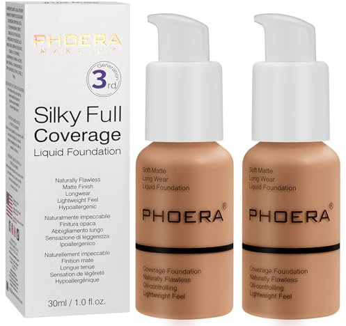 PHOERA Foundation,PHOERA Grundierung Makeup Concealer Full Coverage, Anti Aging Hydrating Serum with matte Natural lightweight Finish (2pcs- 107- Hone)