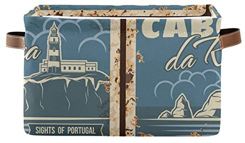 Cabo Da Roca 1 Pack Square Storage Bin with Handle Large Capacity Toys Storage Organizer Gift Baskets Clothes Laundry Hamper Home Decor Vintage Lighthouse on Cape Of Sintra