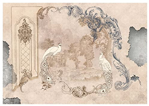 wandmotiv24 Fototapete Pfau Ornamente Wand Beton, XS 150 x 105cm - 3 Teile, Wanddeko, Wandbild, Wandtapete, Vintage Vögel Bäume Zement M6848
