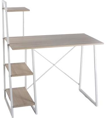 Homy Casa Computer Desk 104 CM Study Writing Table with Storage Shelves Space Saving for Home Office, Modern Scandinavian Style PC Desk, White Metal Frame, ligtht Beech Table Top