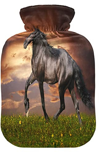 Mnsruu Schwarzes Pferd Sonnenuntergang Wärmflasche mit Samtbezug, 2 l transparenter Wärmbeutel für Hand-Fußwärmer, Schmerzlinderung, Heiß-Kältetherapie Krämpfe