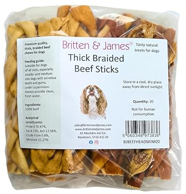 Britten and James 20 Thick Braided Beef Skin Sticks for Dogs (350g) | Natural Long-Lasting Dog Chew Treats - Hypoallergenic, Gluten and Grain Free