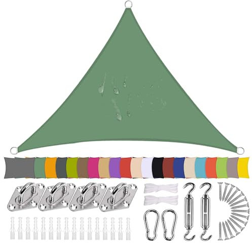 Sonnensegel Dreieck 7 x 7 x 8m Wasserdicht Sonnenschutz Balkon Terrasse mit Montagezubehör PES Polyester 98% UV-Schutz Reißfest Wetterfest für Garten Outdoor,Dunkelgrün