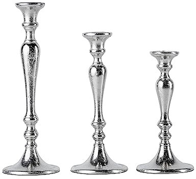 3er Set Kerzenständer Kerzenhalter Aluminium Silber Deko - Kerzenleuchter Modern für Stabkerzen - Tischdeko Hochzeit - Dekoration Wohnzimmer - H 23, 28 und 33 cm
