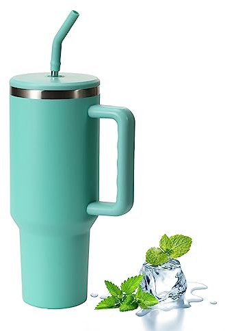 Vaso térmico con tapa con popote y asa, taza aislada de viaje para café de acero inoxidable, taza de viaje de 40 onzas/30 onzas, botella de agua, termo para café caliente y frío (azul 5)