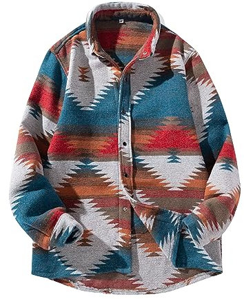 FindThy Herren gebürstetes Flanellhemd mit ethnischem Azteken-Muster, durchgeknöpfte Revers-Hemd-Jacke im Tribal-Design, blau/weiß, L