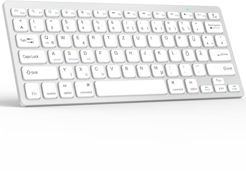 Kabellose Tastatur für iPad, QWERTZ Deutsche Bluetooth Tastatur für Andriod, iOS, Windows, WinXP, Win7, Win8, QWERTZ Kabellose Multi-Device Tastatur inkl 2 AAA Batterie,Stabile Verbindung(Silberweiß)
