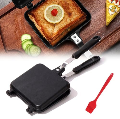 Sartén de Doble Cara, Sandwichera con Asa Sartén Cuadrada de Aluminio Sartén para Cocinar Sartén para Panqueques Tostadora para Panqueques Asar Huevos Pan Tostado Desayuno
