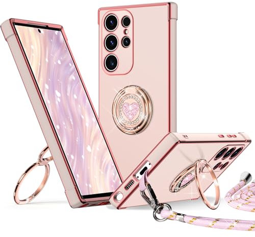 XYZ für Samsung Galaxy S23 Ultra Hülle mit Band, Herz Doppelring Ständer HandyHülle Handykette Frauen Mädchen Dünn Stoßfeste Anti-Kratzt SchutzHülle für Samsung S23 Ultra Case, Rosa