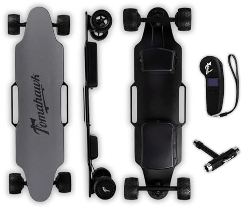 TomaHawk Bow | Longboard Eléctrico con Mando Inalámbrico y Asas Laterales | Motor Dual | Ruedas 4x4 110mm | Velocidad y Autonomía 25Km/h | Skateboard Electrico para Adultos