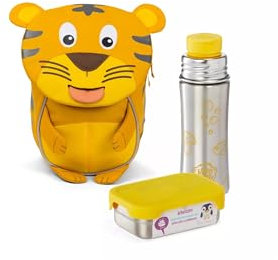 Affenzahn Kleiner Freund Bundle mit Trinkflasche und Brotdose, Kita Rucksack Set für 1-3 Jährige Tiger - Gelb