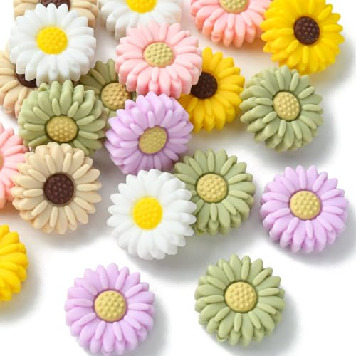 Stiesy Lot de 20 perles en silicone motif marguerites colorées pour loisirs créatifs, bracelets, colliers, bijoux