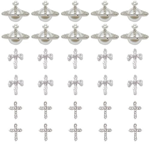 Planet Nail Art Charms, 30 Pcs Silver Planet Nail Charms Nail Gems Cross Nail Rhinestones Luxury Nail Jewelry Accessories for Women Girls DIY Jewelry Making Nail Decorations (Silver A)